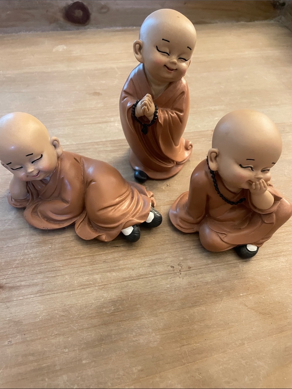 Set of 3 Brown Resin Baby Meditating Monk Figurines